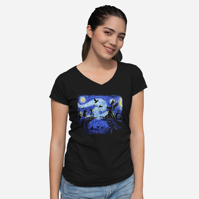 Deathly Hallow Starry Night-Womens-V-Neck-Tee-fanfabio