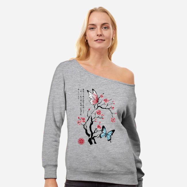 Two Butterflies Sumi-e-Womens-Off Shoulder-Sweatshirt-DrMonekers