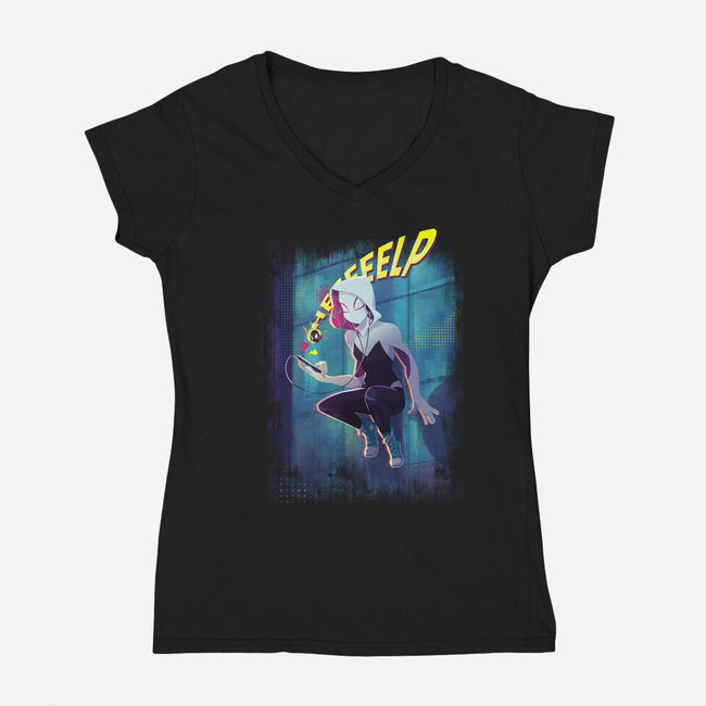 Spider Gwen Help-Womens-V-Neck-Tee-jacnicolauart