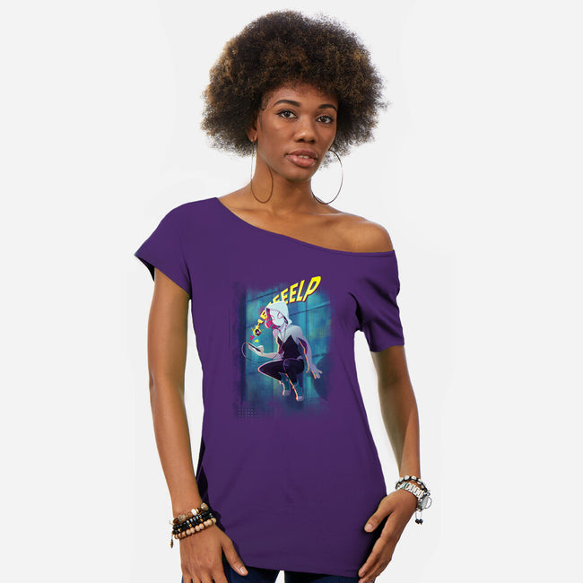 Spider Gwen Help-Womens-Off Shoulder-Tee-jacnicolauart