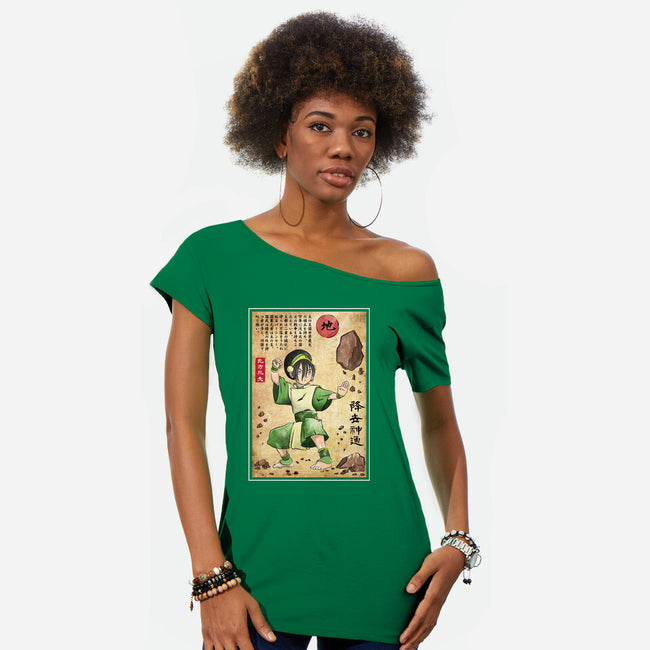 Earth Kingdom Master Woodblock-Womens-Off Shoulder-Tee-DrMonekers