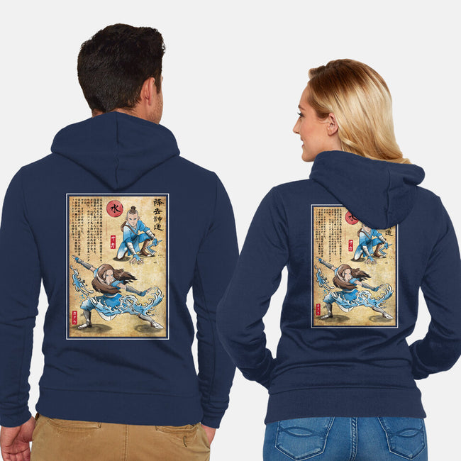 Water Tribe Master Woodblock-Unisex-Zip-Up-Sweatshirt-DrMonekers