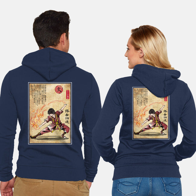 Fire Nation Master Woodblock-Unisex-Zip-Up-Sweatshirt-DrMonekers