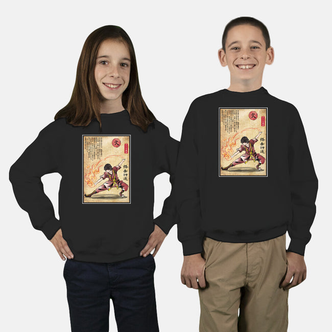 Fire Nation Master Woodblock-Youth-Crew Neck-Sweatshirt-DrMonekers