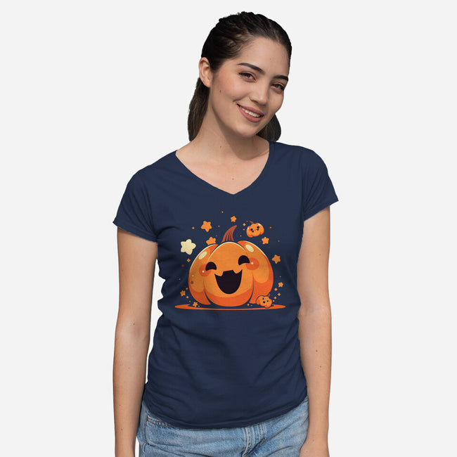 Kawaii Pumpkin Halloween-Womens-V-Neck-Tee-neverbluetshirts