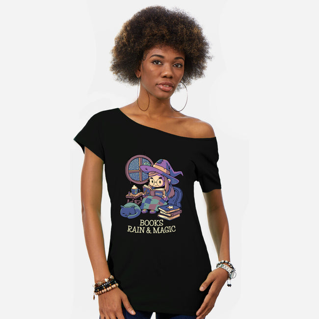 Books Rain And Magic-Womens-Off Shoulder-Tee-Geekydog