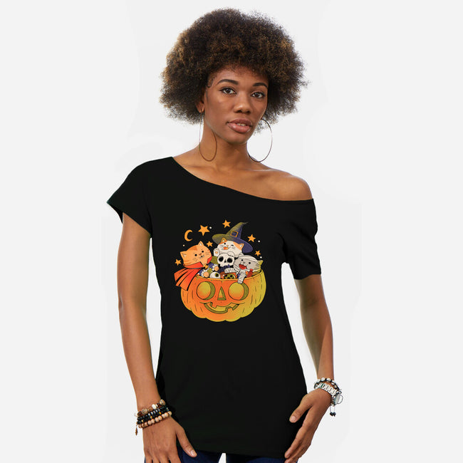 Pumpkin And Cats-Womens-Off Shoulder-Tee-ppmid