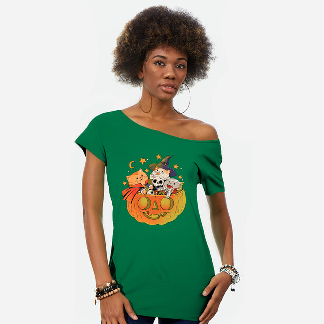 Pumpkin And Cats-Womens-Off Shoulder-Tee-ppmid