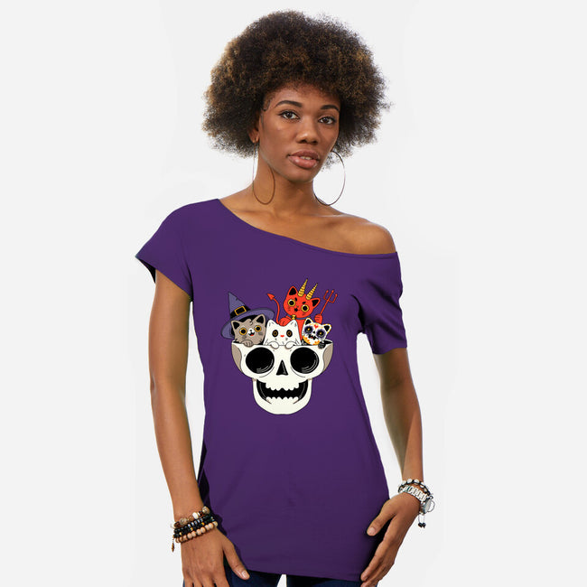 Skull And Spooky Cats-Womens-Off Shoulder-Tee-ppmid