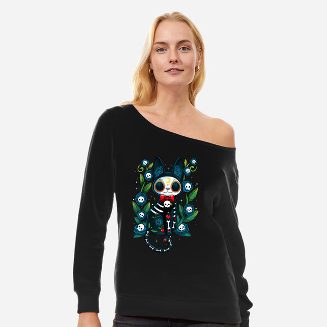 Halloween Skeleton Cat-Womens-Off Shoulder-Sweatshirt-Vallina84