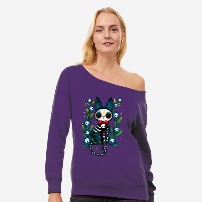 Halloween Skeleton Cat-Womens-Off Shoulder-Sweatshirt-Vallina84