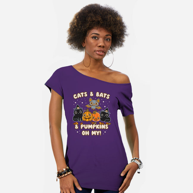 Cats Bats Pumpkins Oh My-Womens-Off Shoulder-Tee-Weird & Punderful