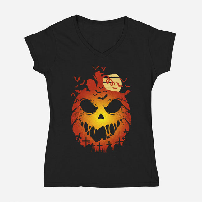 Halloween Scary Pumpkin-Womens-V-Neck-Tee-LM2KONE