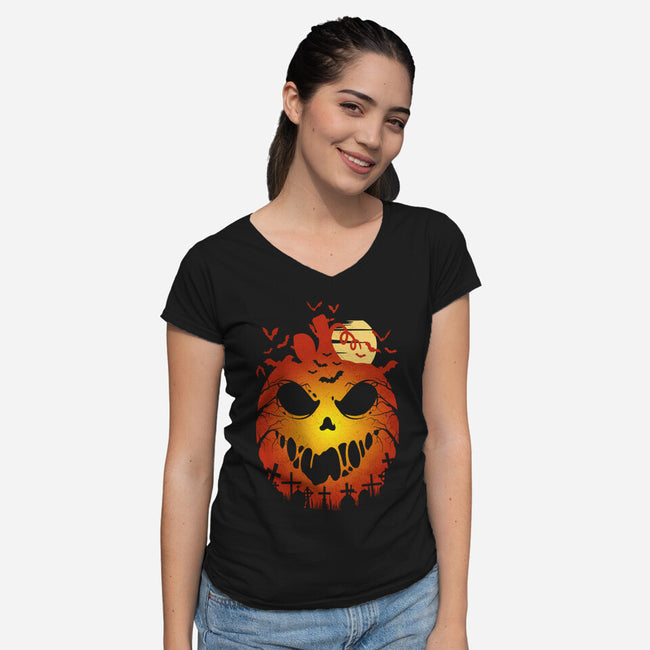 Halloween Scary Pumpkin-Womens-V-Neck-Tee-LM2KONE