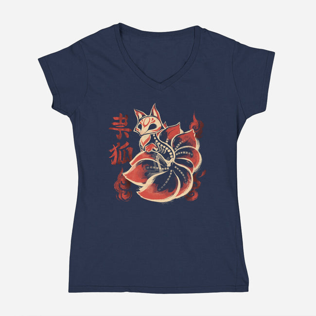 Ghost Kitsune-Womens-V-Neck-Tee-ricolaa