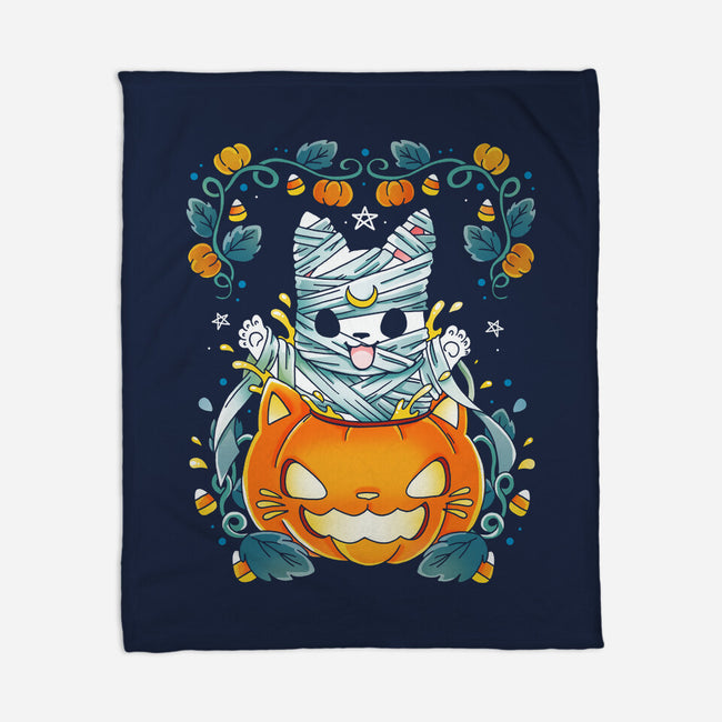 Mummy Pumpkin Cat-None-Fleece-Blanket-Vallina84