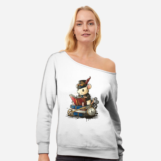 Steampunk Mouse Reader-Womens-Off Shoulder-Sweatshirt-NemiMakeit