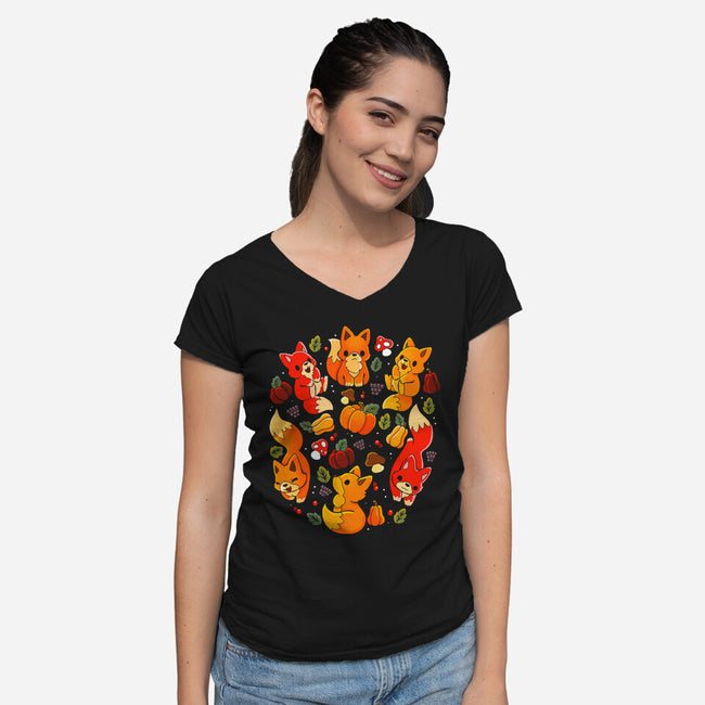 Foxes Autumn-Womens-V-Neck-Tee-Vallina84