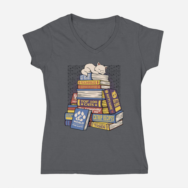 Cat Books Feline Library-Womens-V-Neck-Tee-tobefonseca