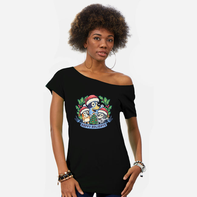 Bluey Holidays-Womens-Off Shoulder-Tee-momma_gorilla