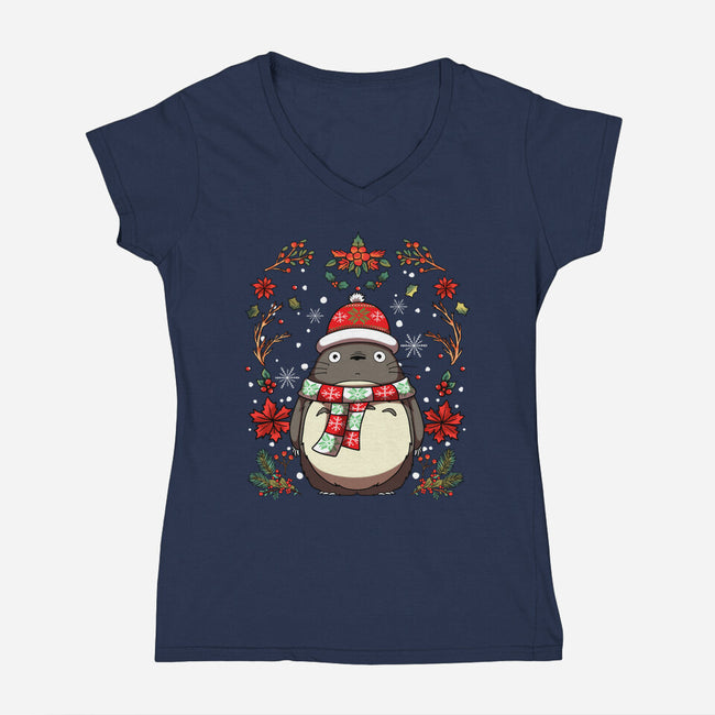 Christmas Totoro-Womens-V-Neck-Tee-JamesQJO