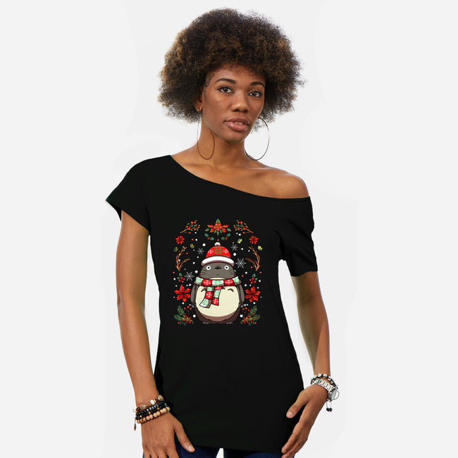 Christmas Totoro-Womens-Off Shoulder-Tee-JamesQJO