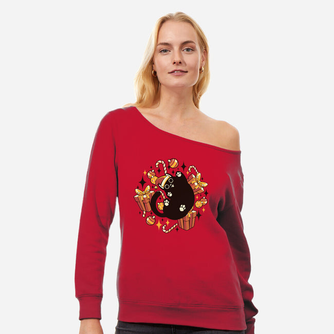 Xmas Kawaii Black Kitten-Womens-Off Shoulder-Sweatshirt-tobefonseca