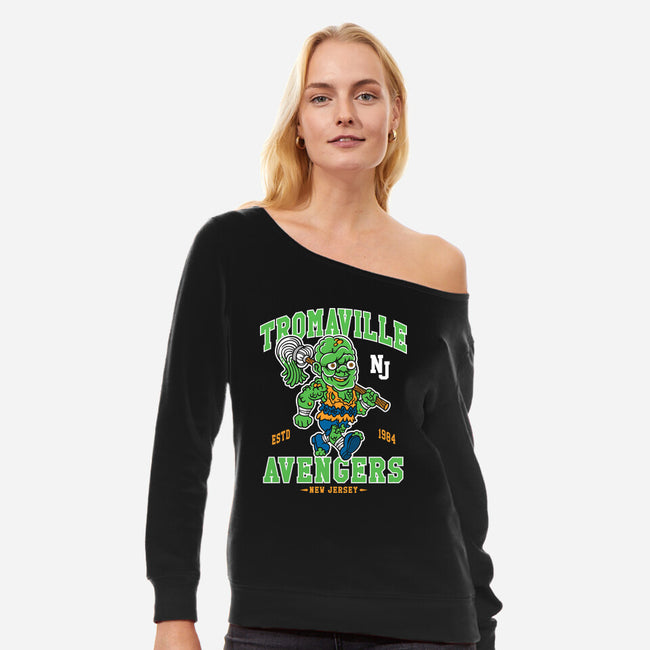 Tromaville Avengers-Womens-Off Shoulder-Sweatshirt-Nemons