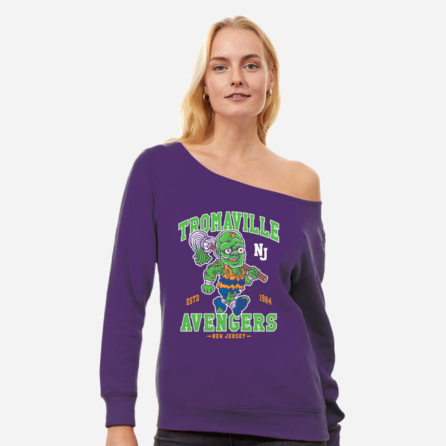 Tromaville Avengers-Womens-Off Shoulder-Sweatshirt-Nemons