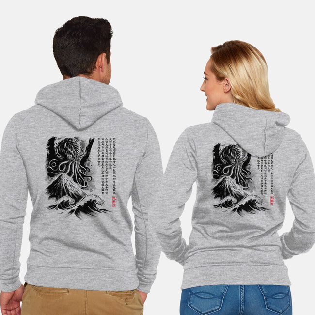 Great Old One Sumi-e-Unisex-Zip-Up-Sweatshirt-DrMonekers