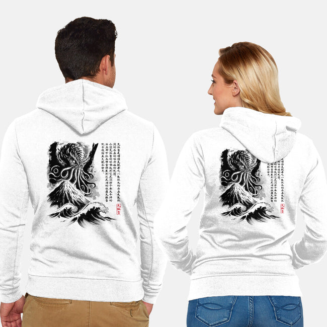 Great Old One Sumi-e-Unisex-Zip-Up-Sweatshirt-DrMonekers