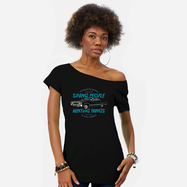 Saving People And Hunting Things-Womens-Off Shoulder-Tee-gorillafamstudio