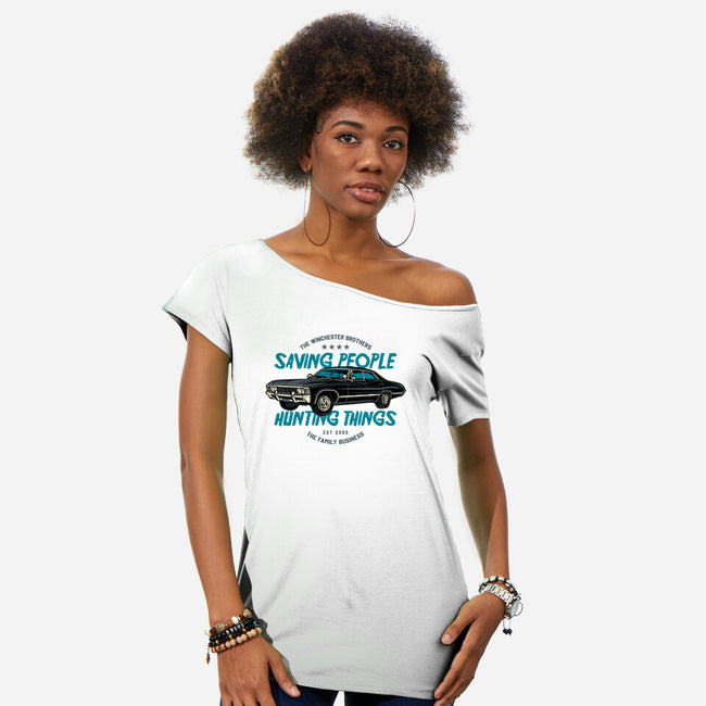 Saving People And Hunting Things-Womens-Off Shoulder-Tee-gorillafamstudio