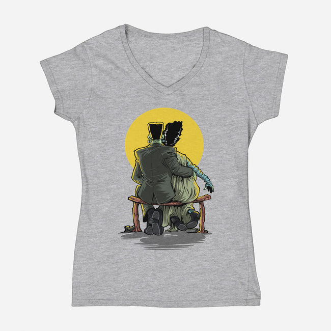 Monster And Bride Gazing At The Moon-Womens-V-Neck-Tee-zascanauta