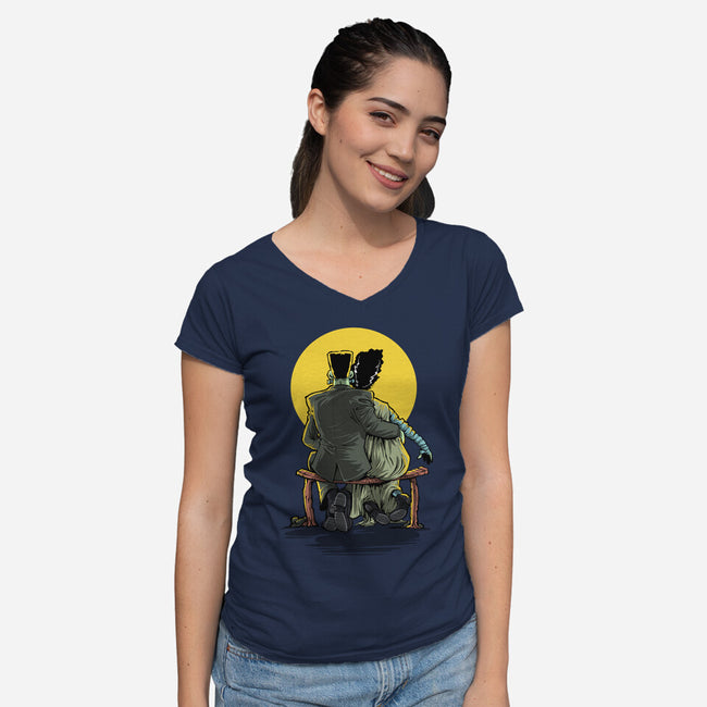 Monster And Bride Gazing At The Moon-Womens-V-Neck-Tee-zascanauta