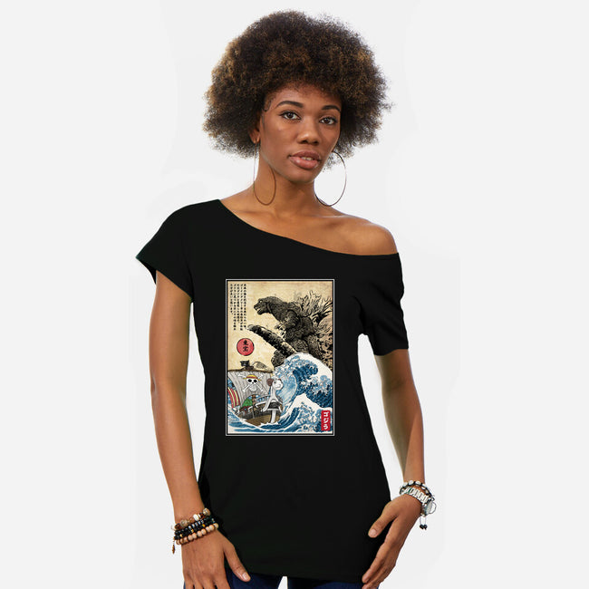 Straw Hat Pirates Meet Godzilla-Womens-Off Shoulder-Tee-DrMonekers