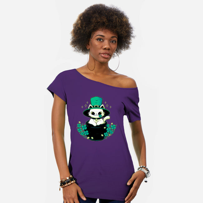 Cute St Patrick Cat-Womens-Off Shoulder-Tee-xMorfina