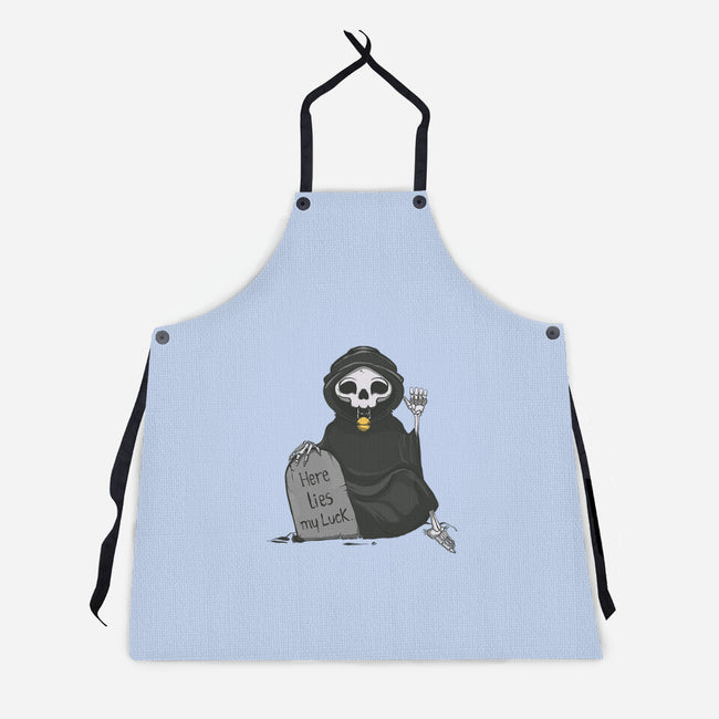 Here Lies My Luck-Unisex-Kitchen-Apron-OnlyColorsDesigns