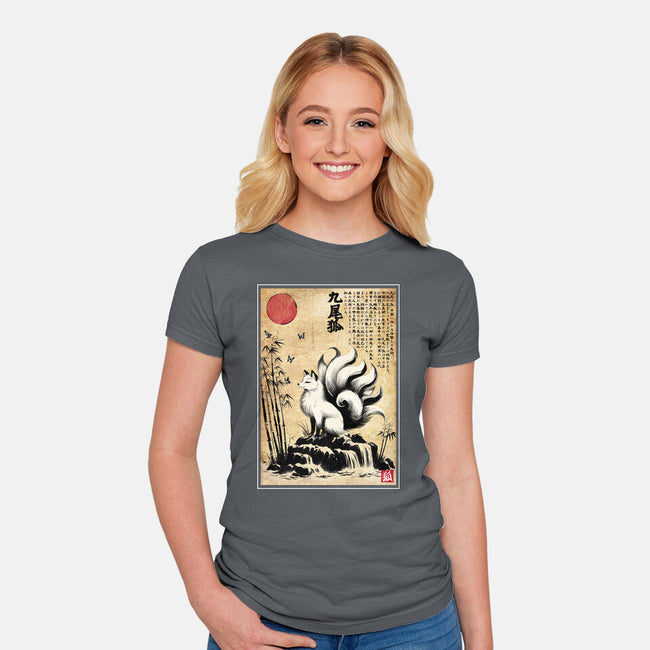 Kitsune Woodblock-Womens-Fitted-Tee-DrMonekers