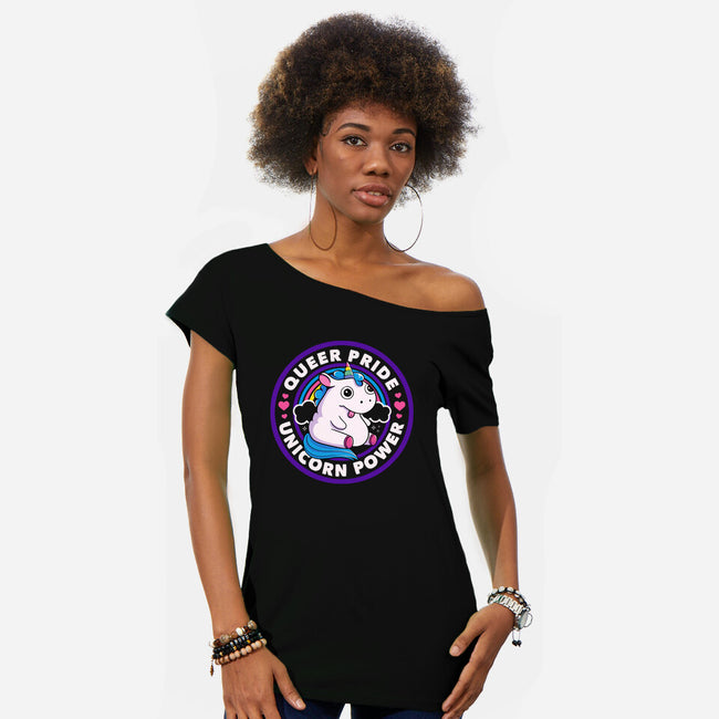 Queer Pride Unicorn Power-Womens-Off Shoulder-Tee-tobefonseca