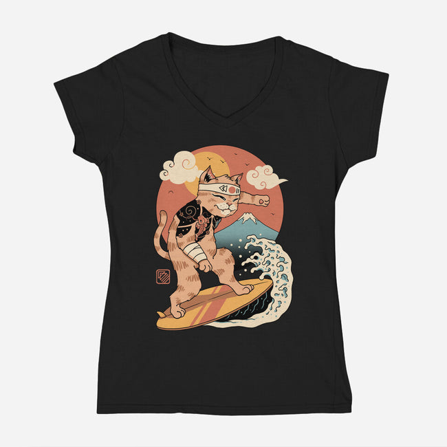 Meowster Surfer-Womens-V-Neck-Tee-vp021