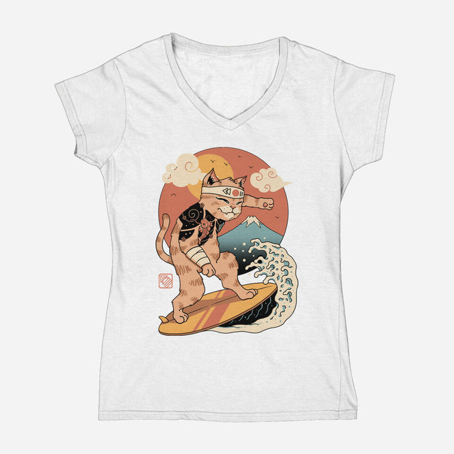 Meowster Surfer-Womens-V-Neck-Tee-vp021