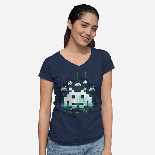 Space Moon Invaders-Womens-V-Neck-Tee-Vallina84