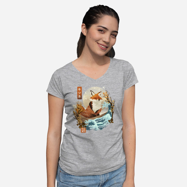 The Great Wave Fox-Womens-V-Neck-Tee-dandingeroz