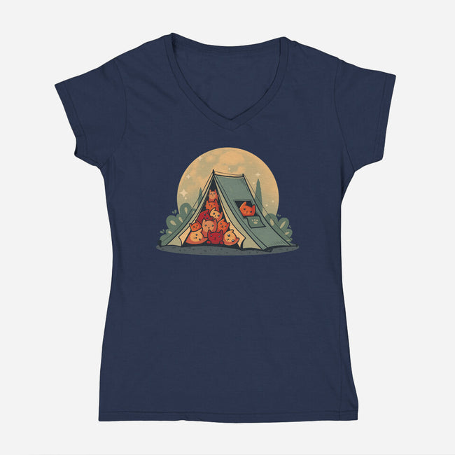 Cat Camping-Womens-V-Neck-Tee-erion_designs