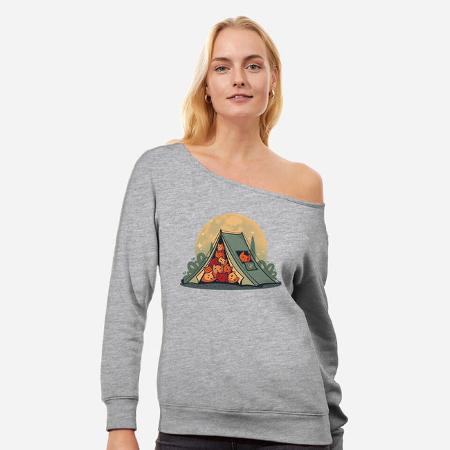 Cat Camping-Womens-Off Shoulder-Sweatshirt-erion_designs