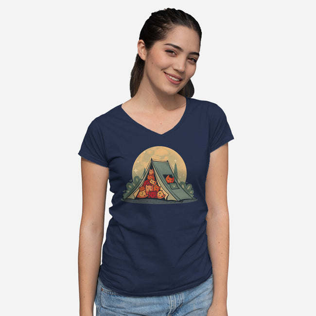 Cat Camping-Womens-V-Neck-Tee-erion_designs