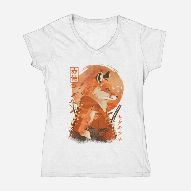 Red Fox Samurai-Womens-V-Neck-Tee-dandingeroz