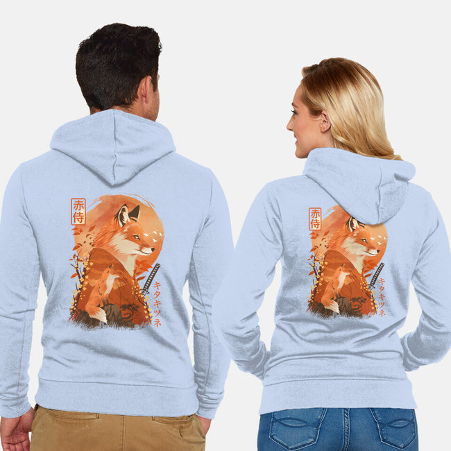 Red Fox Samurai-Unisex-Zip-Up-Sweatshirt-dandingeroz