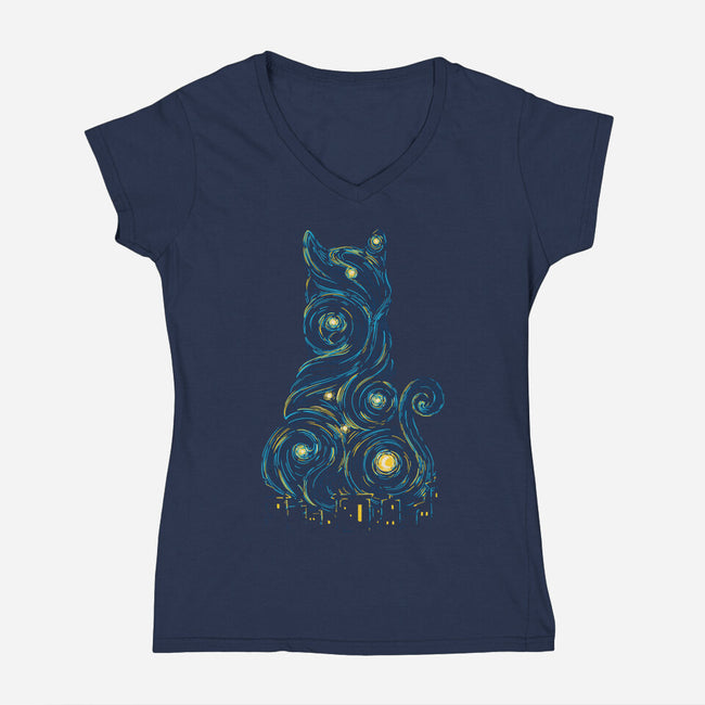 Rooftop Cat-Womens-V-Neck-Tee-sebasebi